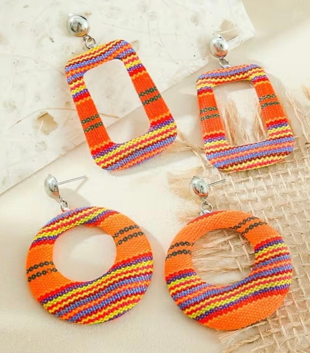 Boho Fabric Earrings Set African Print Tribal Festival Dangle Hoop Earrings